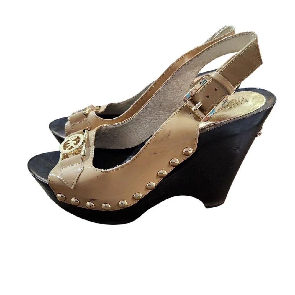 Michael Kors MK Logo Slingback Wedge Sandals Tan Patent Leather 7
